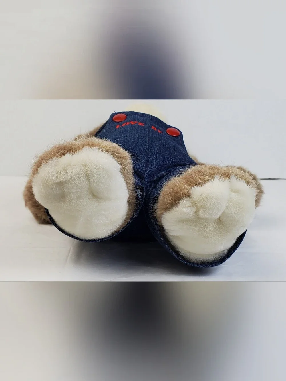 Russ Berrie VTG Love Bear Jean Denim Bib Overalls Caress Soft Plush Korea - GUC